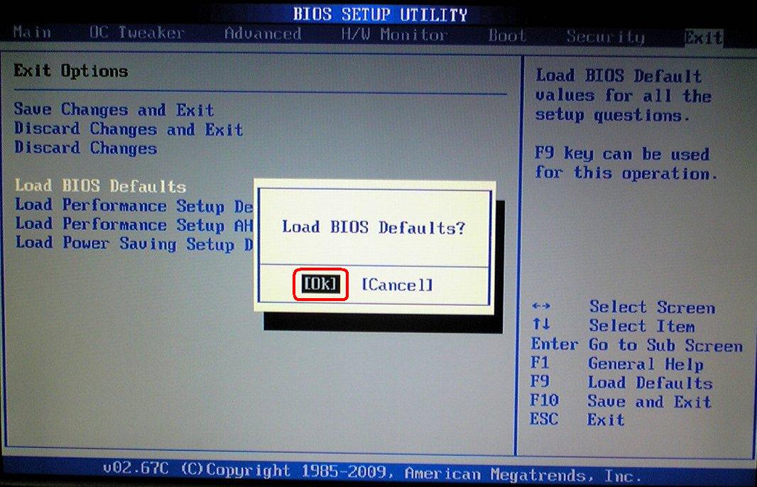 BIOS Setup utility - Load BIOS Defaults